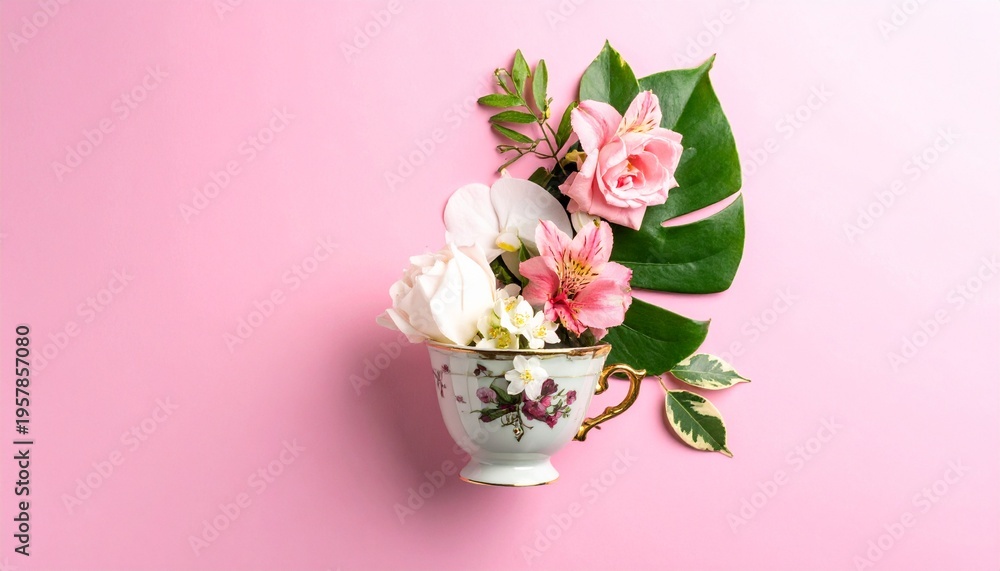 Obraz premium Elegant floral arrangement in vintage teacup on pink background