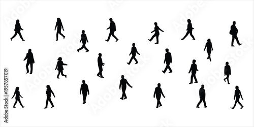 Collection of human silhouettes walking in different directions on white background people group