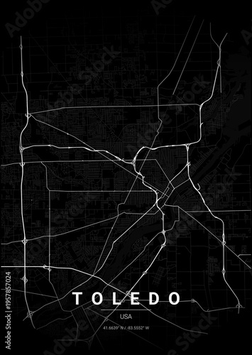 Modern Toledo City Map Poster Design, Noir Style Urban Street Grid Cartography