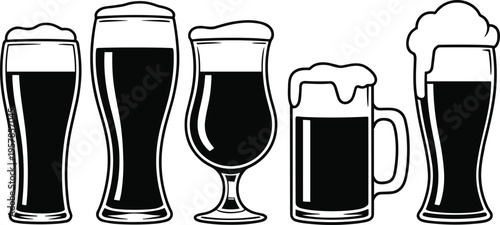 PrintBeer glasses illustration, pint glass, tulip glass, weizen glass, beer mug, tall slender glass, dark beer, foamy head, silhouette design