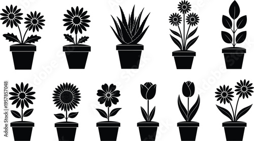 Black potted plant silhouettes, diverse floral icons, decorative garden vector set, botanical illustration outline, ornamental nature graphics, blooming flowers, leafy designs