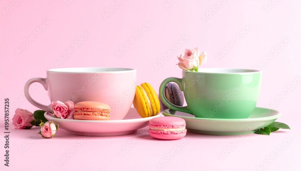 Fototapeta premium Elegant tea cups with macarons and roses on pastel background