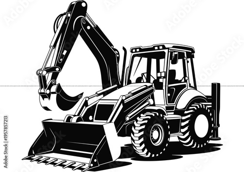 PrintConstruction backhoe loader illustration, heavy machinery, industrial equipment, excavation vehicle, engineering design, rugged tires, hydraulic arm