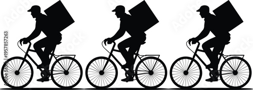 PrintDelivery cyclist silhouettes, courier service, urban transport, food delivery, bicycle rider, logistics vector, fast shipping, modern lifestyle, city work, business concept