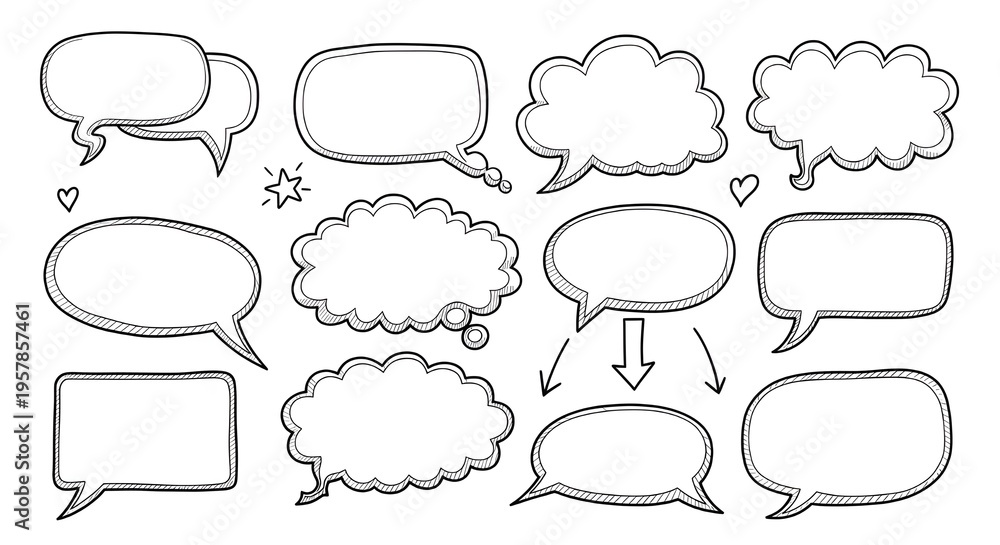 Fototapeta premium Set of 14 Hand-Drawn Sketch Speech Bubbles on White Background