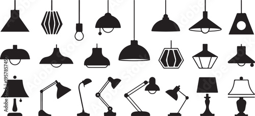 Collection of various black silhouette lampshades and desk lamps on transparent background, representing lighting and interior styles