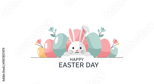 A cute cartoon bunny peeks out from behind colorful pastel Easter eggs and flowers on a Happy Easter Day illustration with a cheerful holiday celebration background