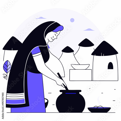 Indian Woman Cooking Traditional Food on Clay Stove – Cultural Kitchen Illustration. Village Woman Cooking Food. Rural Indian Woman Cooking Food.