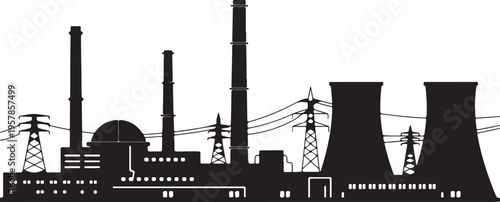 Industrial power plant silhouette with cooling towers, smokestacks, and power lines on transparent background, symbolizing industry