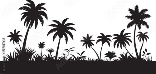 Palm trees and tropical plants silhouette landscape isolated on white background for vacation