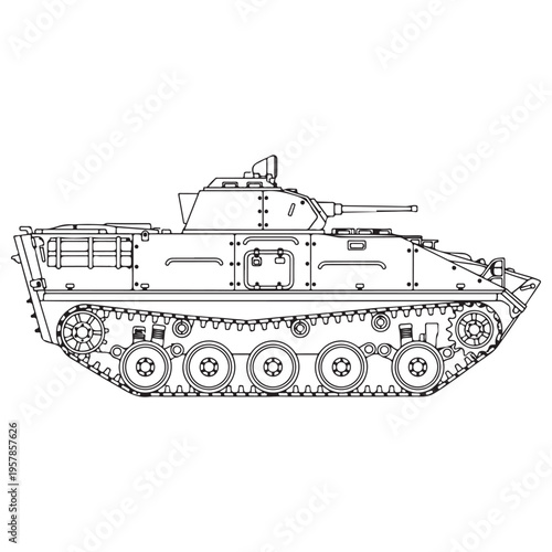 Detailed line art illustration of a military armored personnel carrier tank featuring a side profile view with intricate mechanical details of tracks and turret isolated on white background.