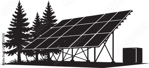 Solar panels silhouette renewable energy technology in natural environment with pine trees and electrical box background.