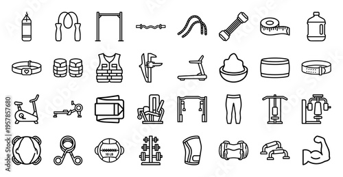 Fitness and Gym Equipment Minimalist Monoline Geometric Line Art for Commercial Health and Bodybuilding App Interface Design