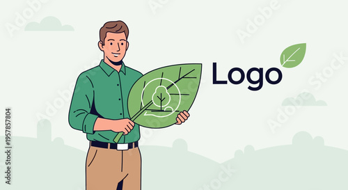 Man Holding Leaf with Logo and Nature Symbol, Eco-Friendly Concept