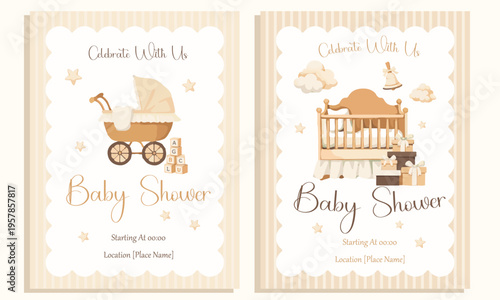 Neutral baby shower invitation card with stroller crib and soft beige nursery elements