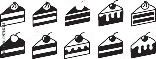 Variety of cake slice illustrations featuring layers, frosting, and cherries presented on checkered background