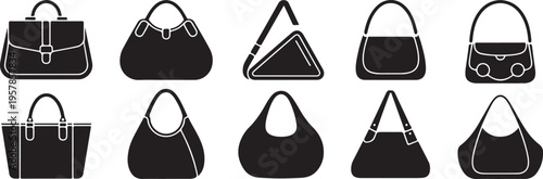 Assortment of handbag silhouettes showcasing tote, shoulder, clutch and bucket bags against checkered background