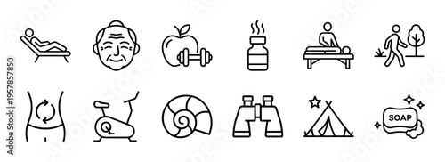 Wellness and Mental Health Icon Set featuring Minimalist Monoline Symbols for Holistic Health, Fitness, and Spiritual Balance Line Art.