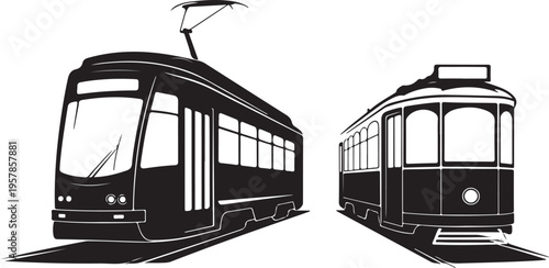 Vintage tram silhouette on white background, old style public transportation vector illustration