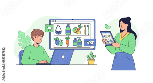Online Grocery Shopping: Man on Laptop, Woman with Tablet Browsing Healthy Food