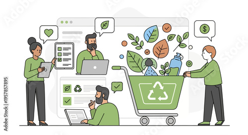 Eco-friendly shopping concept with people and green products in cart