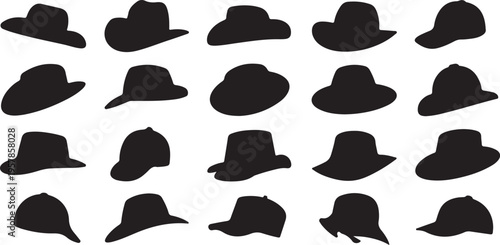 Collection of black hat silhouettes on transparent background assorted styles of headwear including fedora and baseball caps