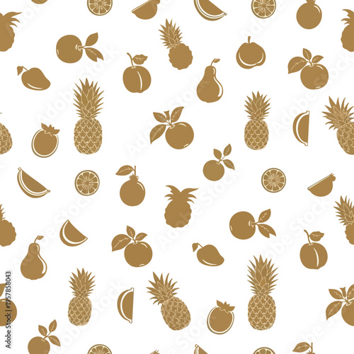 Golden fruit pattern featuring pineapples, apples, pears, oranges, and fruit slices