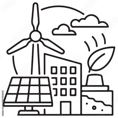 Sustainable green energy infrastructure and eco-friendly urban development representing renewable power sources like wind, solar, and bioenergy in a clean minimalist line art style.