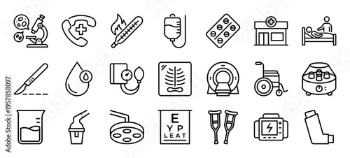 Healthcare and Clinical Medicine Linear Symbols Featuring Minimalist Monoline Design for Hospital and Laboratory User Interfaces