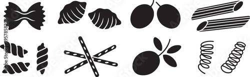 Various pasta shapes and olives silhouettes on transparent background vector illustration