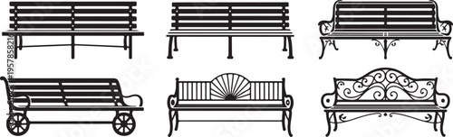 Collection of decorative park benches and outdoor seating furniture in silhouette