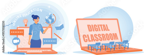 Online education and digital classroom illustration for modern learning
