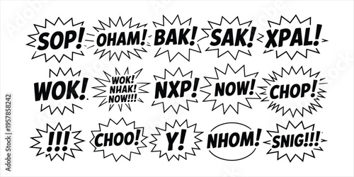 Comic book style sound effect words and phrases in black starbursts on white background text