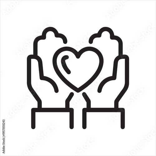 Thin Outline Icon Heart in Hands, People Hands Holding Heart. Such Line Sign as Charity, Donation or Healthcare. Vector Isolated Pictogram on White Background Editable Stroke.