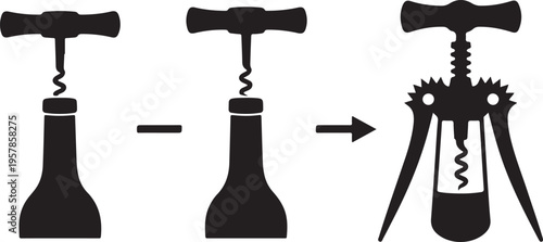 Corkscrew wine opener and bottle in sequential action silhouette