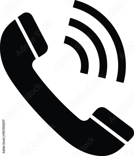 Telephone handset silhouette icon, communication signal waves, phone call vector design, contact information graphic, telecommunication symbol illustration, black outline communication art