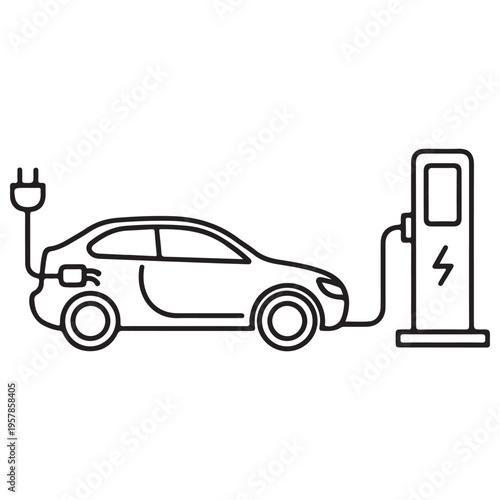 Minimalist Electric Vehicle Charging Station Icon Featuring a Modern Car Connected to a Power Point, Clean Black Line Art Illustration Representing Sustainable Green Energy and Future Transport.