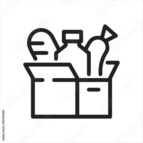 Thin outline icon open box containing food. Such line sign as volunteer food, bank charity grocery box, humanitarian assistance. Vector isolated pictogram on white background editable stroke.