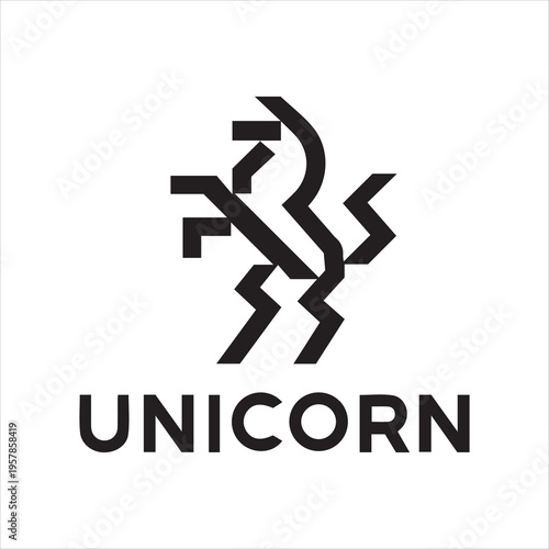 Heraldic Monochrome Black on White Logotype of Unicorn Standing on Its Hind Legs. Dynamic Icon Character Symbolizing Strength and Power in Line Geometric Style Suitable for Tshirts, logos Your Brand.