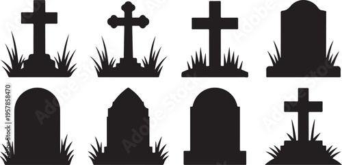 Tombstones set gravestones crosses cemetery markers with grass and grass on transparent background religion