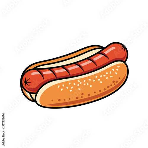 A stylized illustration of a plump, grilled sausage nestled in a sesame seed bun