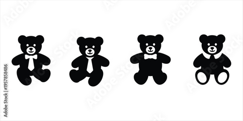 Four Black Silhouette Teddy Bears in Different Poses with Accessories on White Background stuffed animal