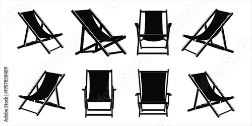 Group of Black Silhouette Deck Chairs in Multiple Orientations on White Background chaise lounge beach chair