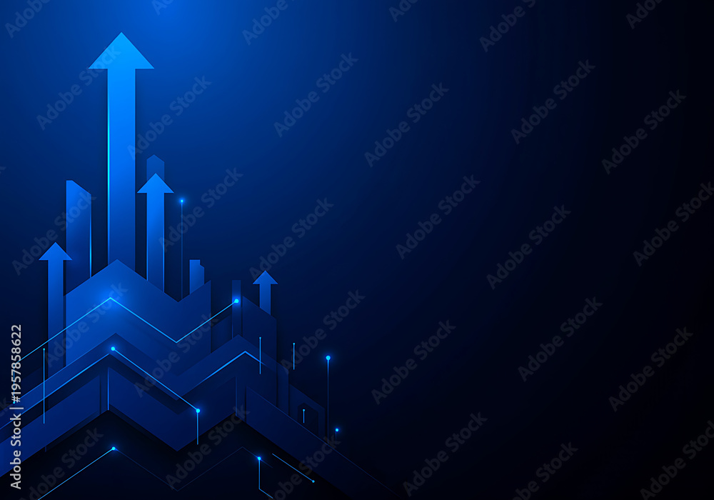Fototapeta premium Abstract blue arrows ascending symbolizing business growth and technological advancement with glowing digital lines transparent background