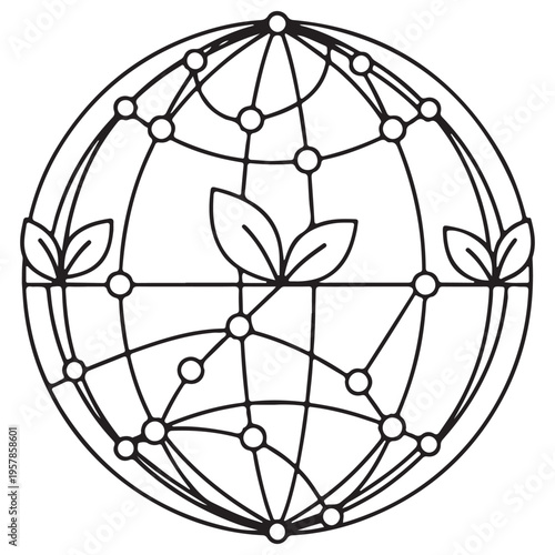 Minimalist globe network with leaves representing sustainable global connectivity and environmental protection, clean black and white line art for eco-friendly branding and coloring pages.