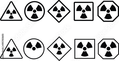 A collection of ten black and white radiation hazard symbols arranged in two rows on white background