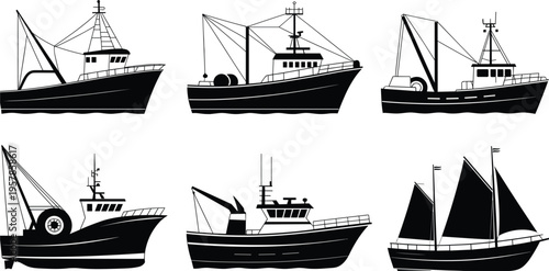 Set of six black silhouette fishing boats and sailboats on white background ship vessel