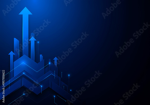 Abstract blue arrows ascending symbolizing business growth and technological advancement with glowing digital lines transparent background