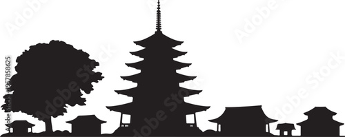 Japanese temple pagoda silhouette, traditional architecture, cultural icon, Japanese garden