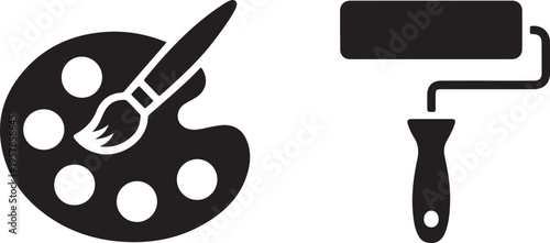 Artist palette with brush and paint roller for creative projects and art supplies for painting and drawing illustrating artistic expression